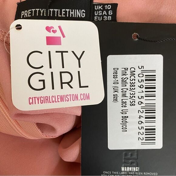 PrettyLittleThing Pink Satin Cowl Lace Up Bodycon Dress US 6 - Picture 5 of 5